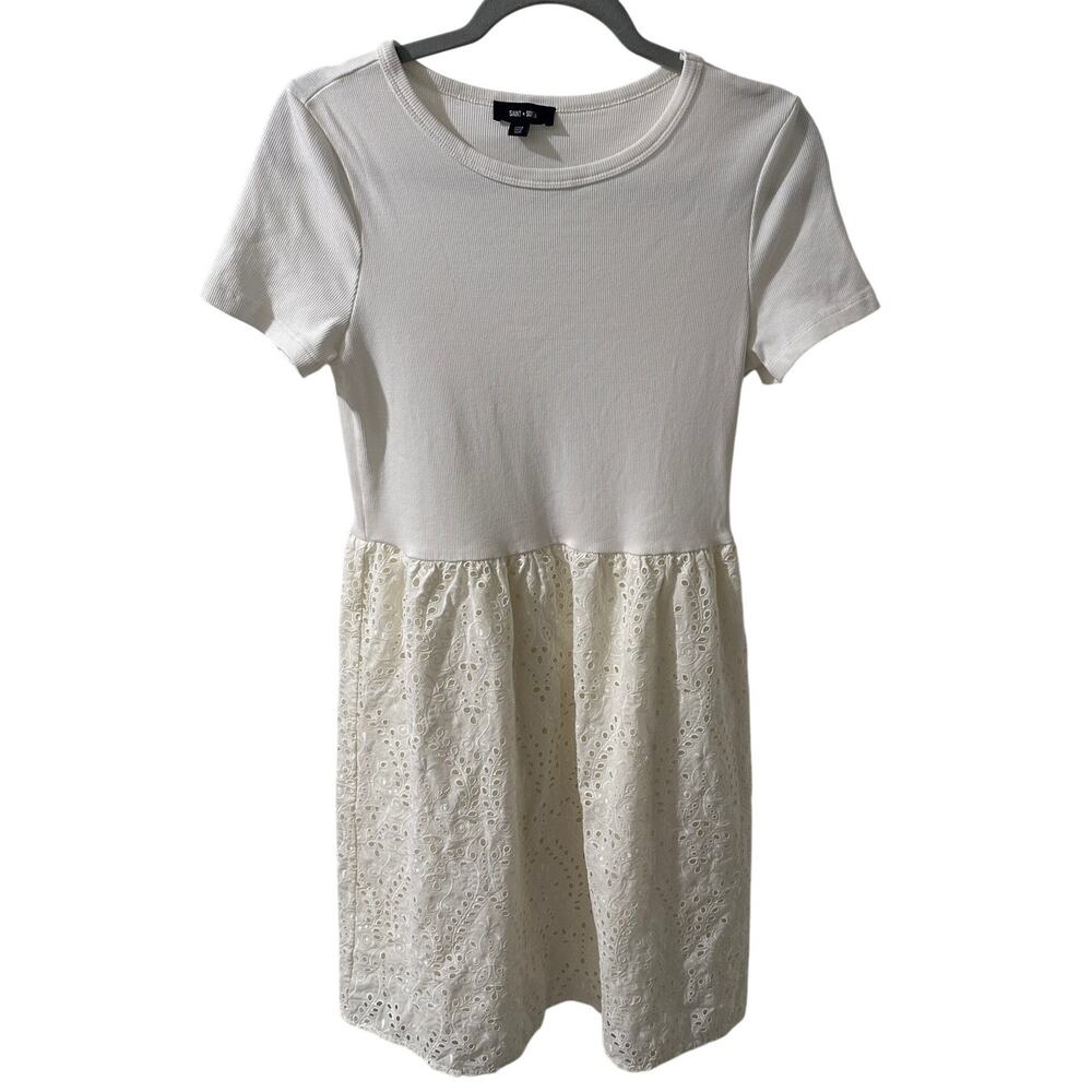 Saint + Sophia Organic Cotton Fit & Flare Mixed Media Eyelet Dress, size 8